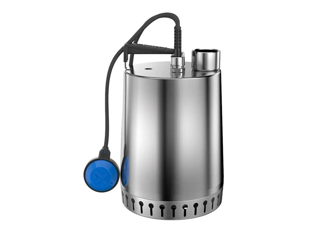 Edelstahl-Tauchmotorpumpe mit Kühlmantel, hergestellt von Grundfos, ausgestattet mit einem flexiblen Schlauchsystem für effiziente Drainageanwendungen.
